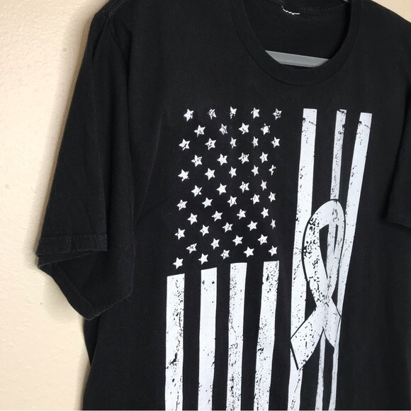 Lung Cancer Awareness American Flag White Ribbon Black T Shirt Mens Size Large - Picture 2 of 9
